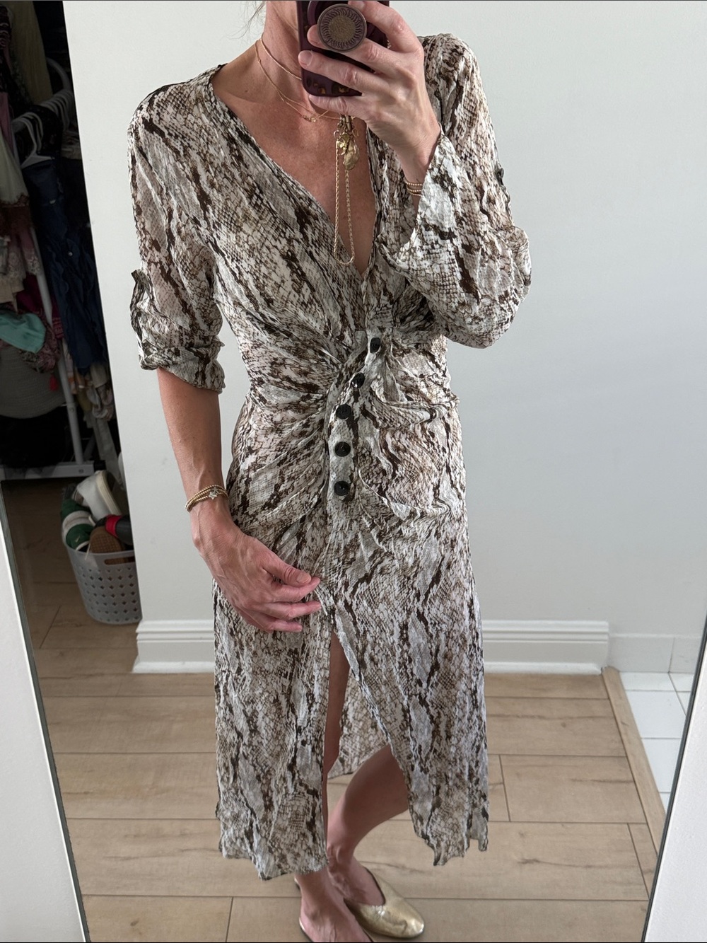 Zara Snake Print Twist-Front Midi Dress tunic in Neutral Brown